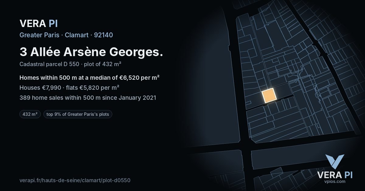 3 Allée Arsène Georges, Clamart at night – the plot lit, the parcels around coloured by the prices near them