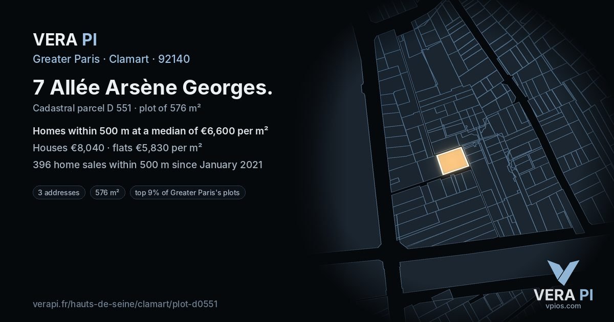 7 Allée Arsène Georges, Clamart at night – the plot lit, the parcels around coloured by the prices near them