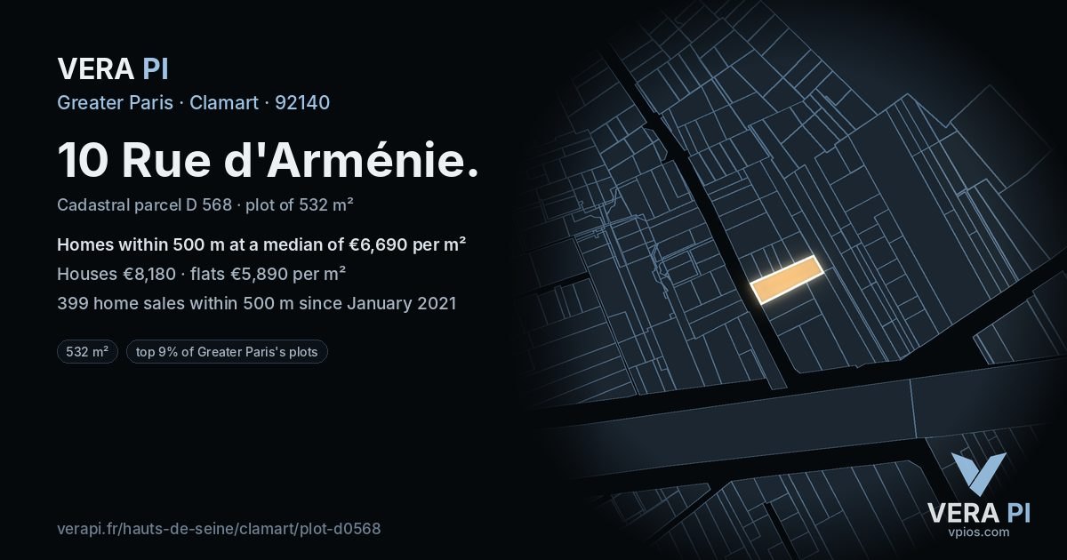 10 Rue d'Arménie, Clamart at night – the plot lit, the parcels around coloured by the prices near them