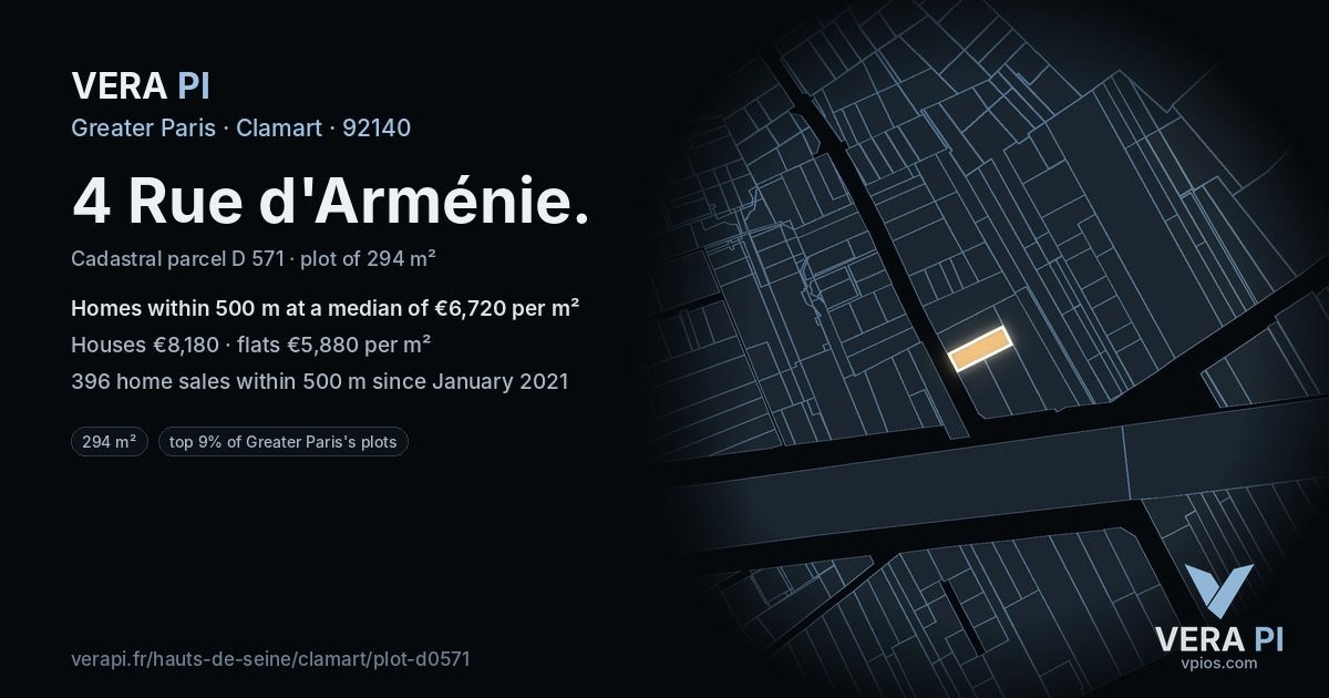 4 Rue d'Arménie, Clamart at night – the plot lit, the parcels around coloured by the prices near them
