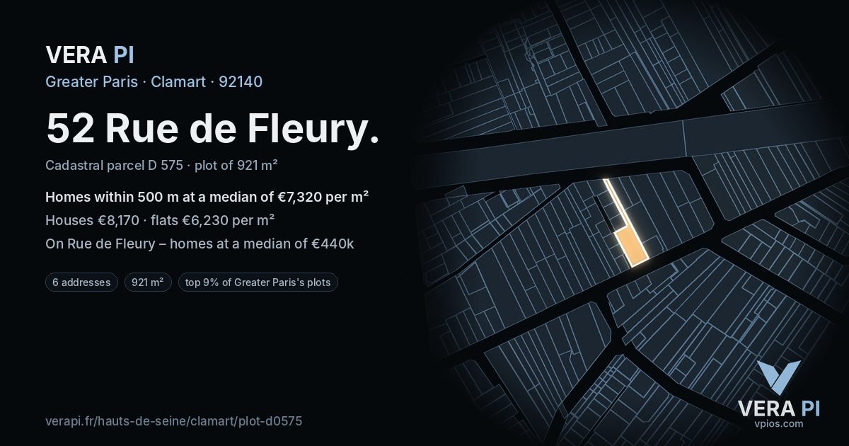 52 Rue de Fleury, Clamart at night – the plot lit, the parcels around coloured by the prices near them
