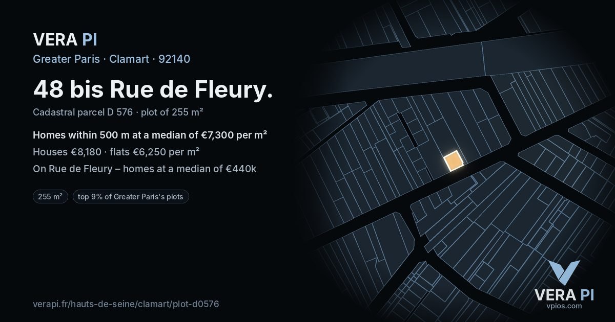 48 bis Rue de Fleury, Clamart at night – the plot lit, the parcels around coloured by the prices near them