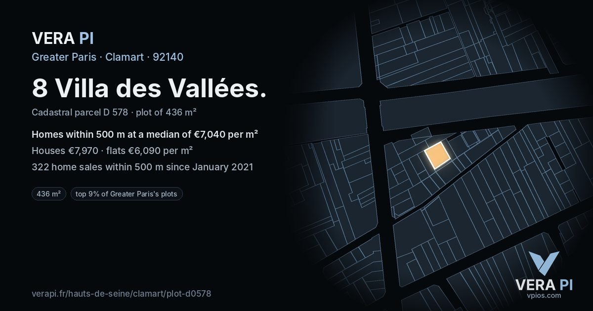 8 Villa des Vallées, Clamart at night – the plot lit, the parcels around coloured by the prices near them
