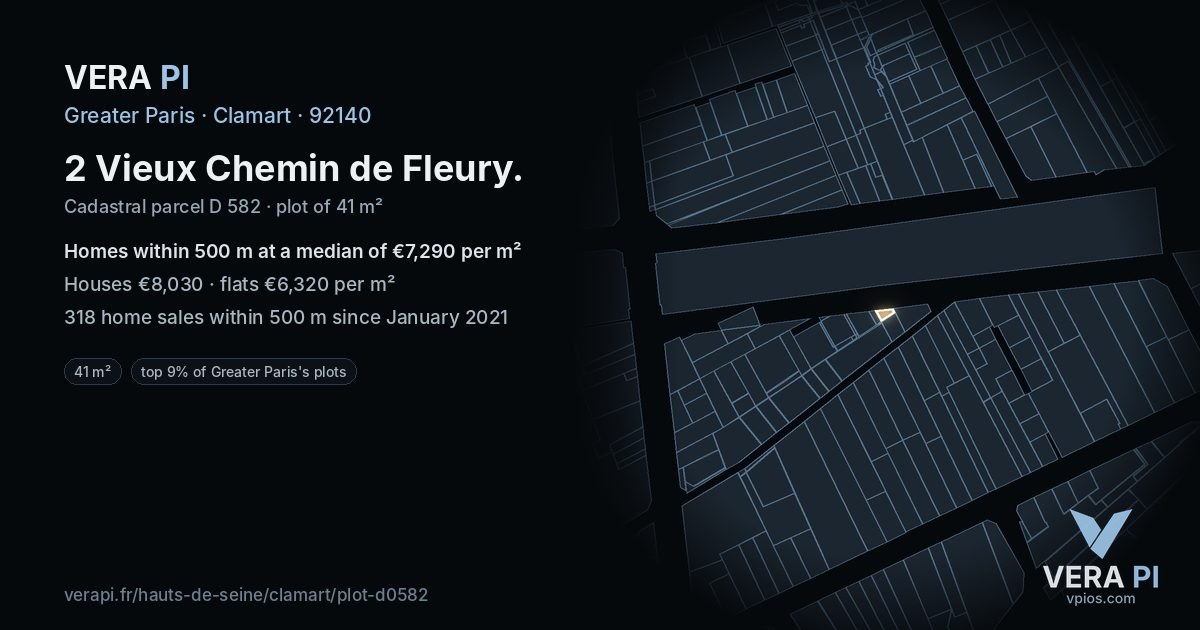 2 Vieux Chemin de Fleury, Clamart at night – the plot lit, the parcels around coloured by the prices near them