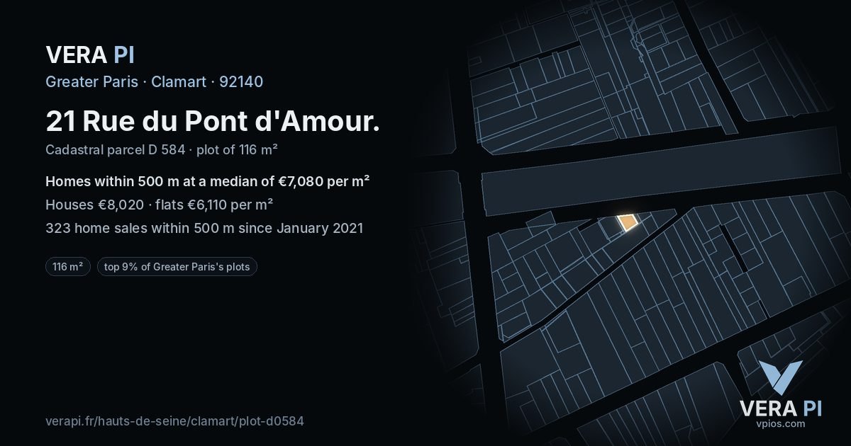 21 Rue du Pont d'Amour, Clamart at night – the plot lit, the parcels around coloured by the prices near them