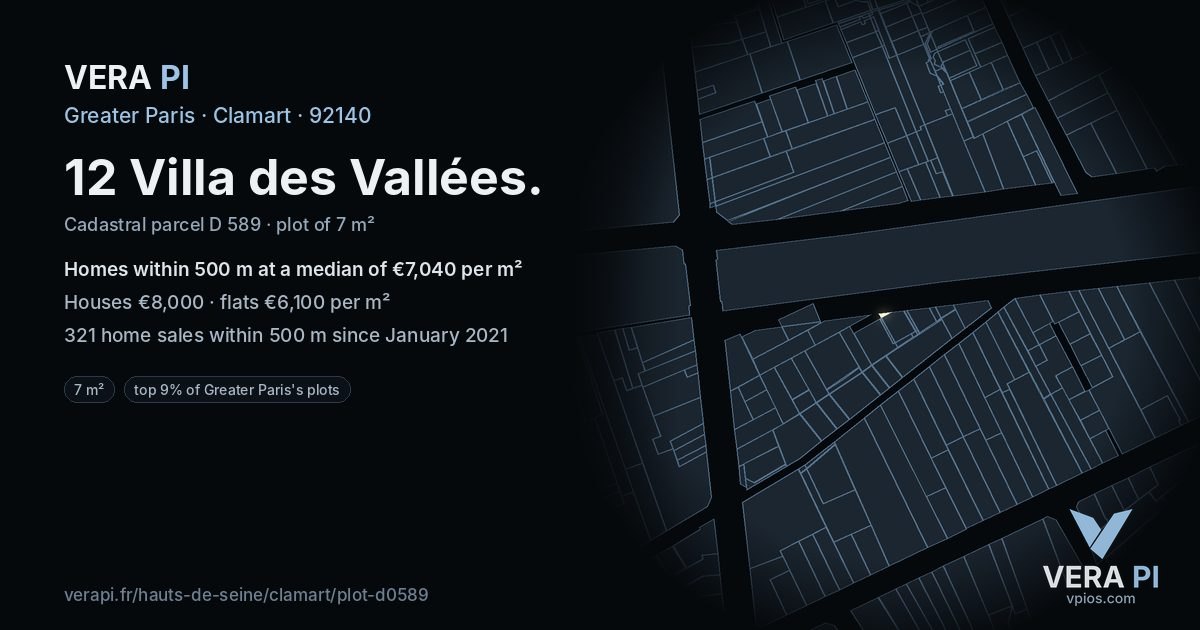 12 Villa des Vallées, Clamart at night – the plot lit, the parcels around coloured by the prices near them