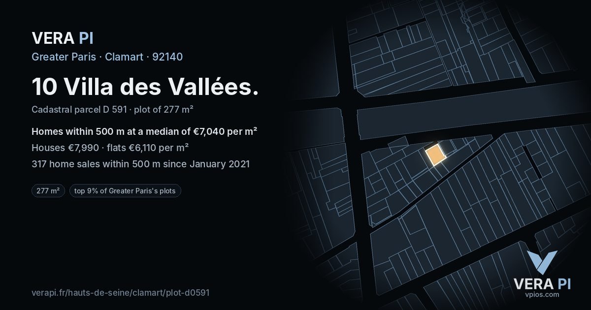 10 Villa des Vallées, Clamart at night – the plot lit, the parcels around coloured by the prices near them