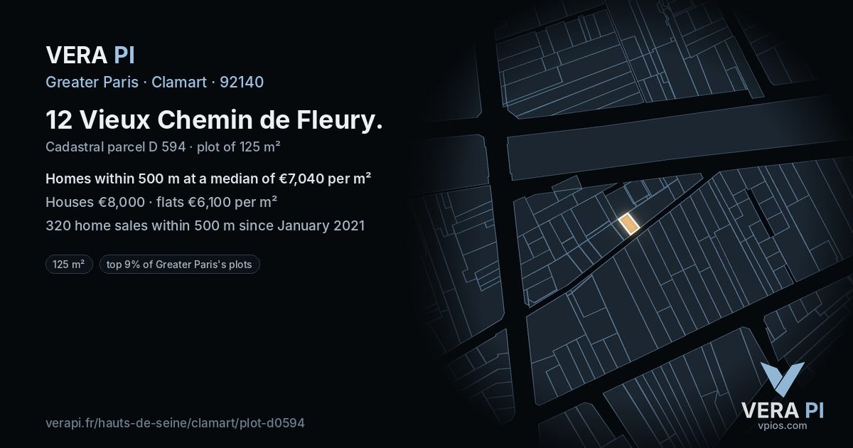 12 Vieux Chemin de Fleury, Clamart at night – the plot lit, the parcels around coloured by the prices near them
