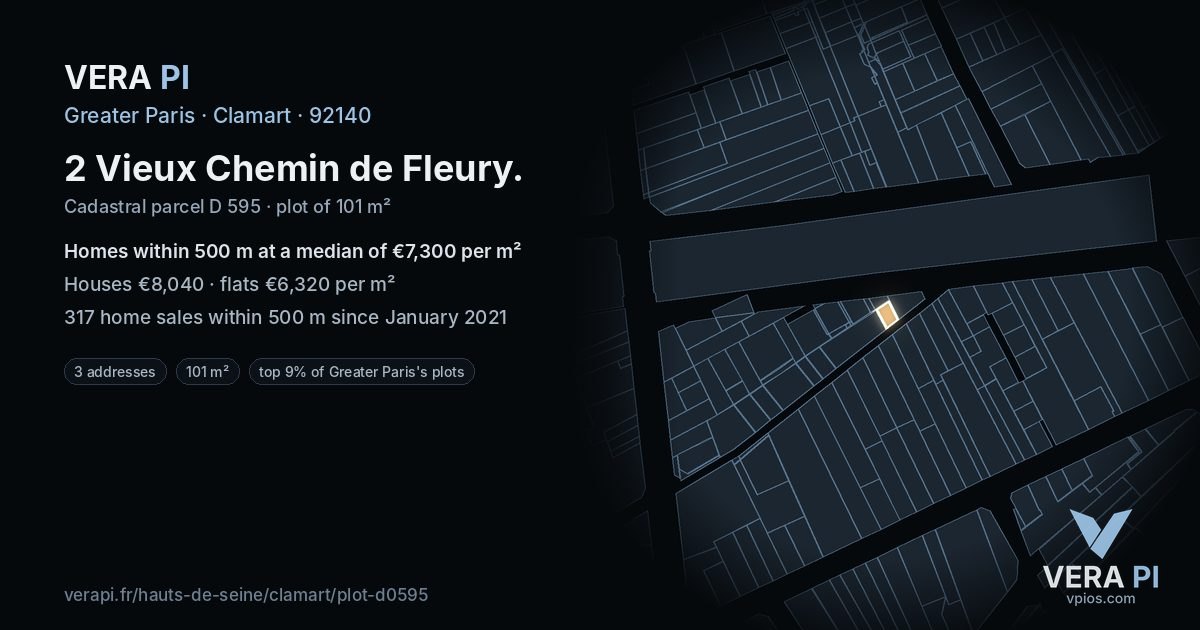 2 Vieux Chemin de Fleury, Clamart at night – the plot lit, the parcels around coloured by the prices near them