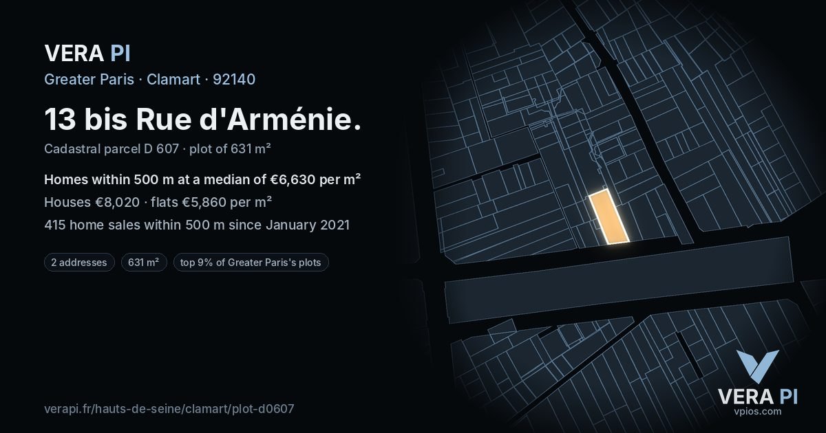 13 bis Rue d'Arménie, Clamart at night – the plot lit, the parcels around coloured by the prices near them