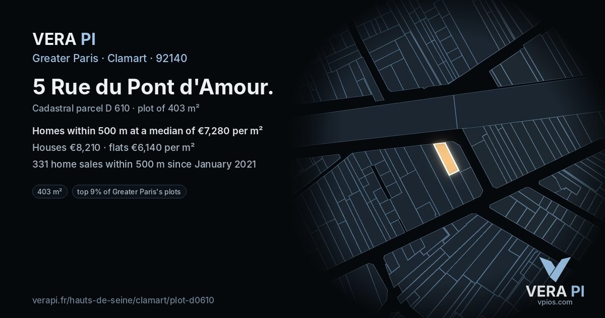 5 Rue du Pont d'Amour, Clamart at night – the plot lit, the parcels around coloured by the prices near them