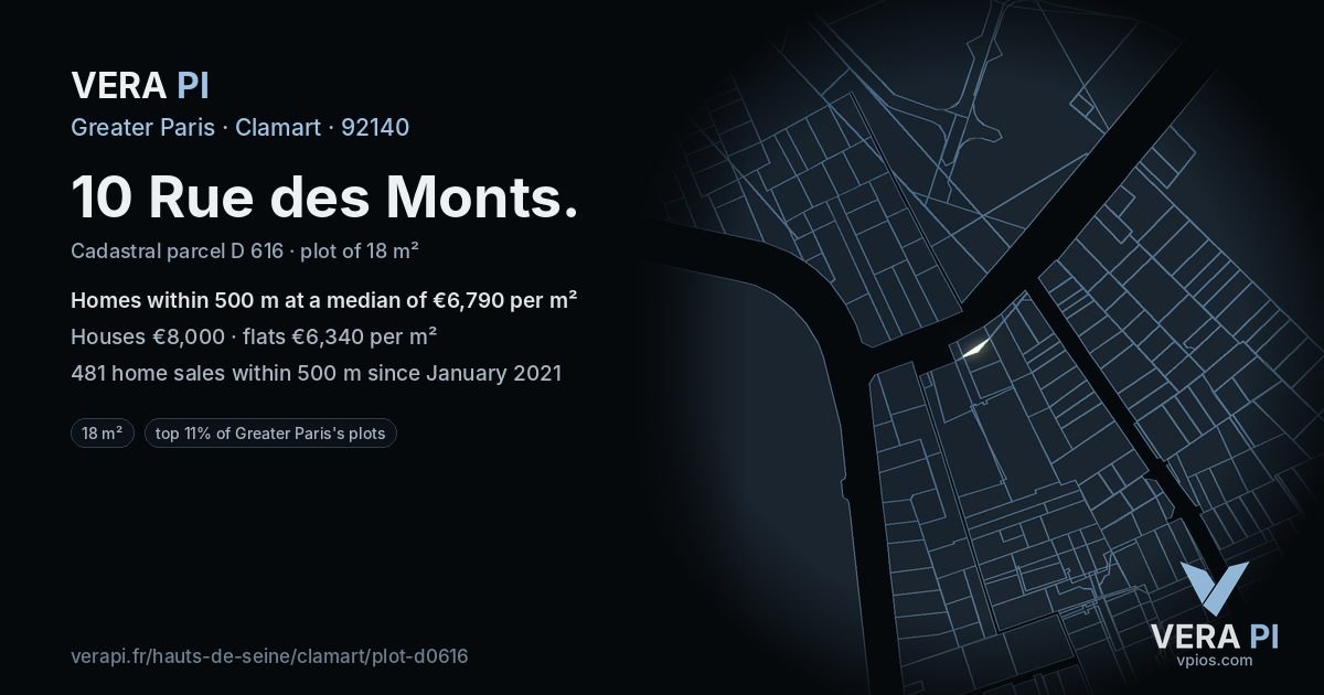 10 Rue des Monts, Clamart at night – the plot lit, the parcels around coloured by the prices near them