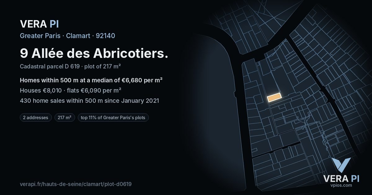 9 Allée des Abricotiers, Clamart at night – the plot lit, the parcels around coloured by the prices near them