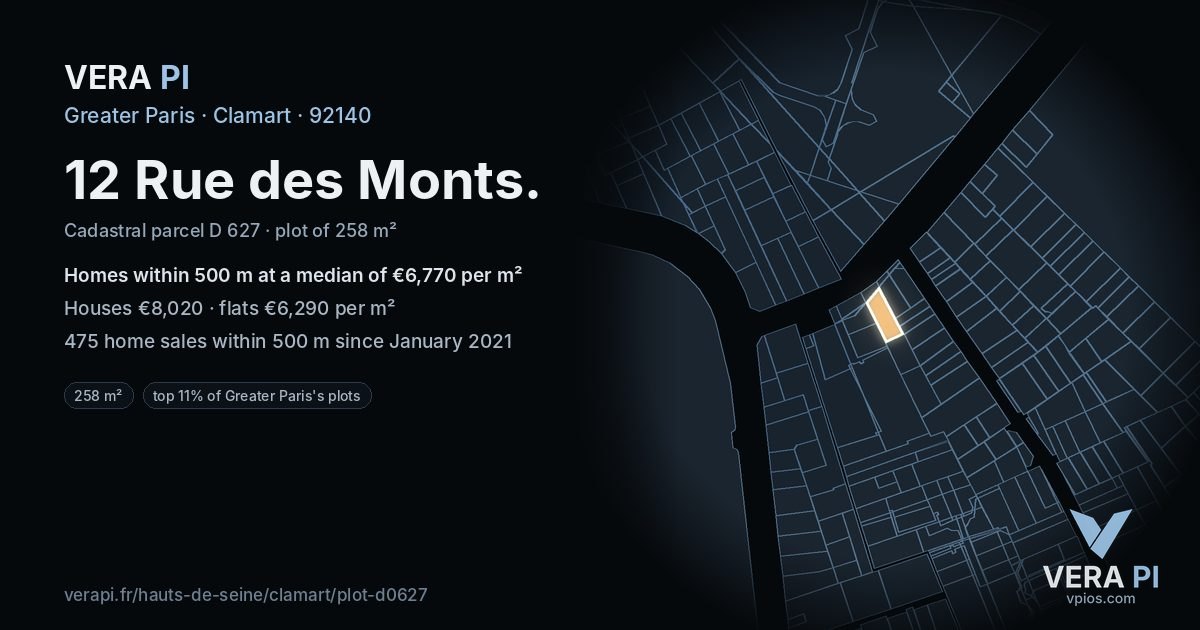 12 Rue des Monts, Clamart at night – the plot lit, the parcels around coloured by the prices near them