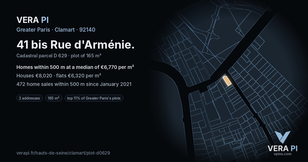 41 bis Rue d'Arménie, Clamart at night – the plot lit, the parcels around coloured by the prices near them