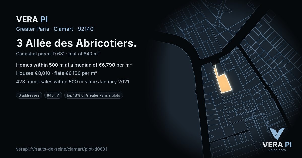 3 Allée des Abricotiers, Clamart at night – the plot lit, the parcels around coloured by the prices near them