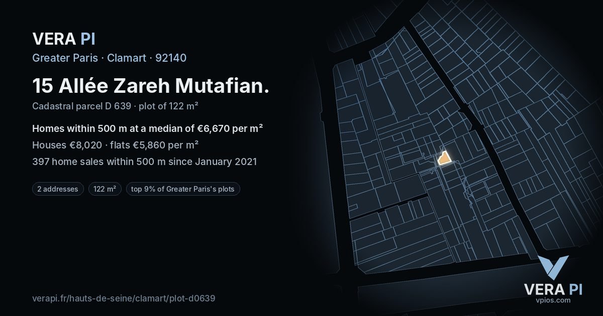 15 Allée Zareh Mutafian, Clamart at night – the plot lit, the parcels around coloured by the prices near them