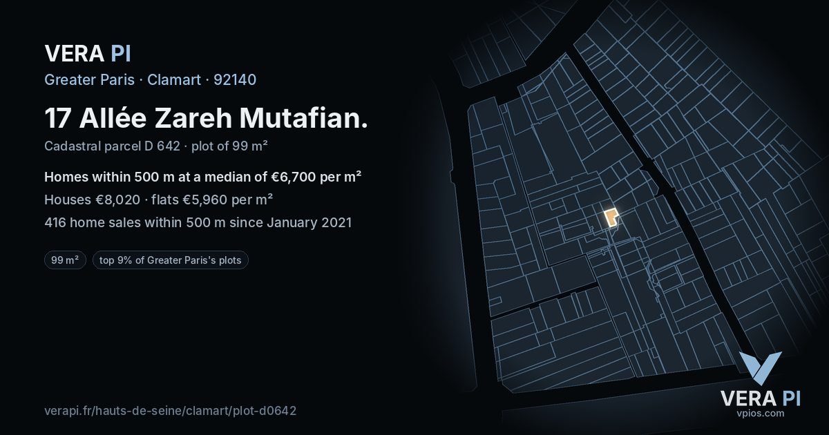 17 Allée Zareh Mutafian, Clamart at night – the plot lit, the parcels around coloured by the prices near them