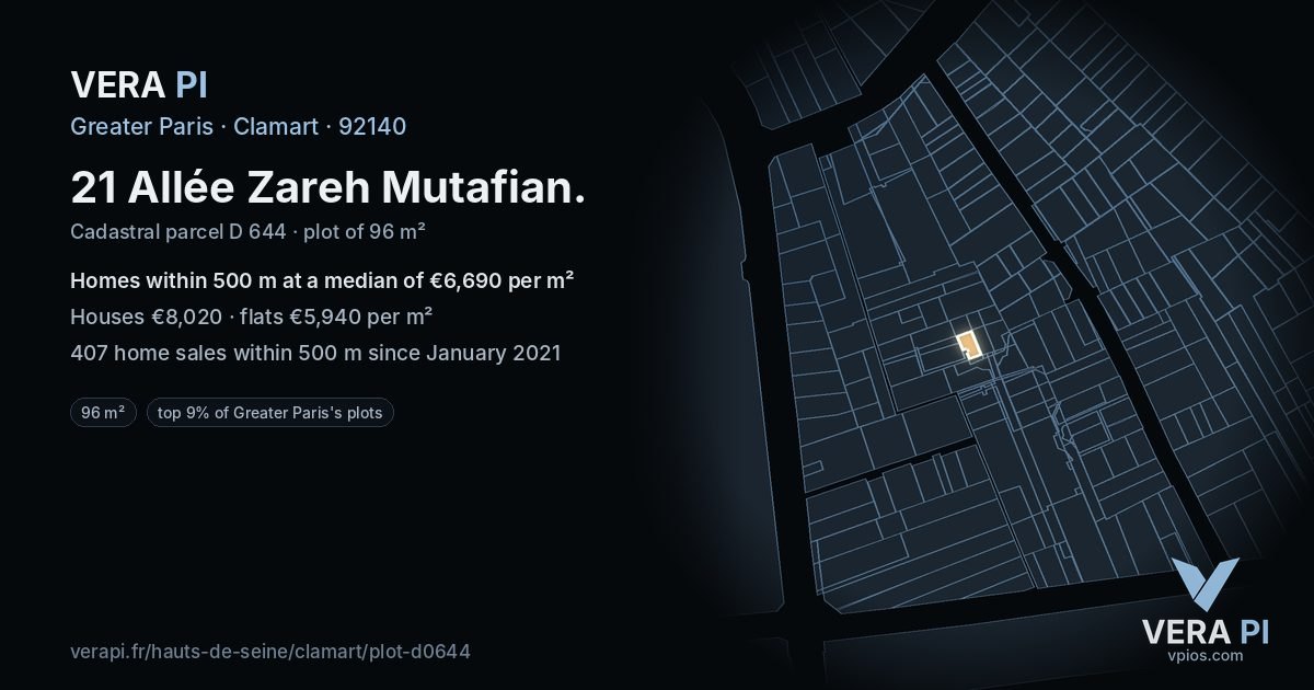 21 Allée Zareh Mutafian, Clamart at night – the plot lit, the parcels around coloured by the prices near them