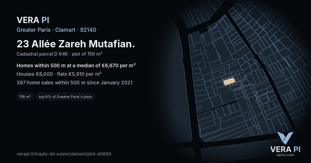 23 Allée Zareh Mutafian, Clamart at night – the plot lit, the parcels around coloured by the prices near them