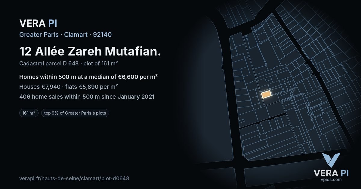 12 Allée Zareh Mutafian, Clamart at night – the plot lit, the parcels around coloured by the prices near them