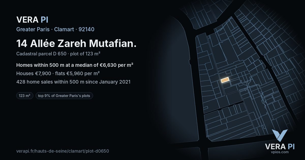 14 Allée Zareh Mutafian, Clamart at night – the plot lit, the parcels around coloured by the prices near them