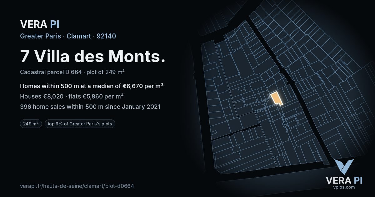 7 Villa des Monts, Clamart at night – the plot lit, the parcels around coloured by the prices near them