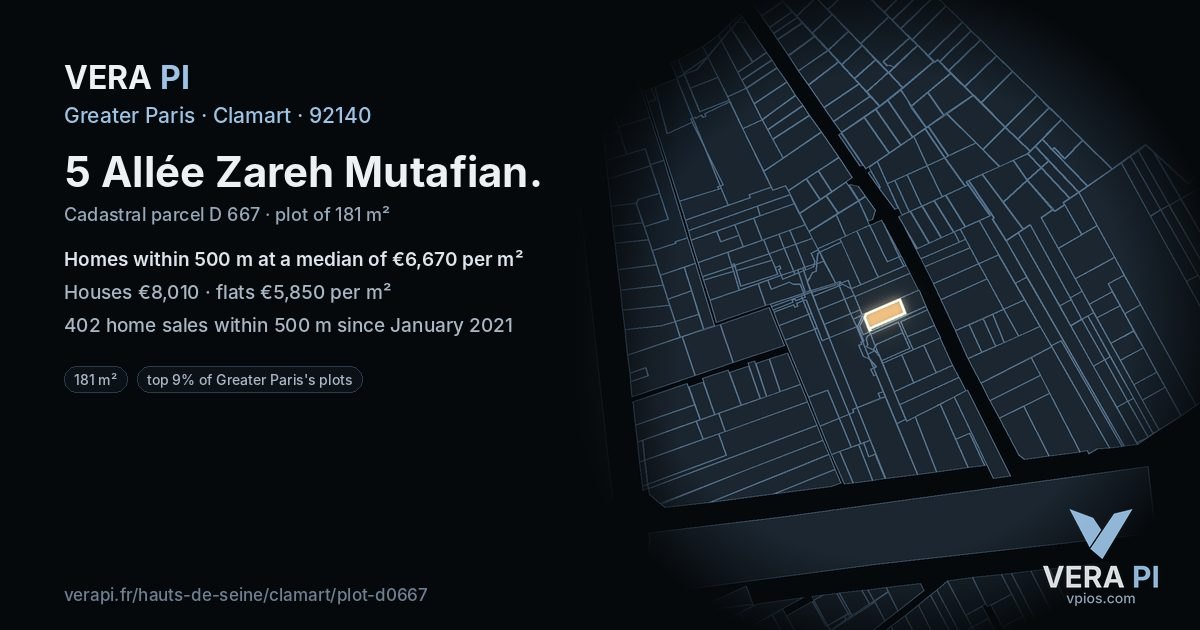 5 Allée Zareh Mutafian, Clamart at night – the plot lit, the parcels around coloured by the prices near them