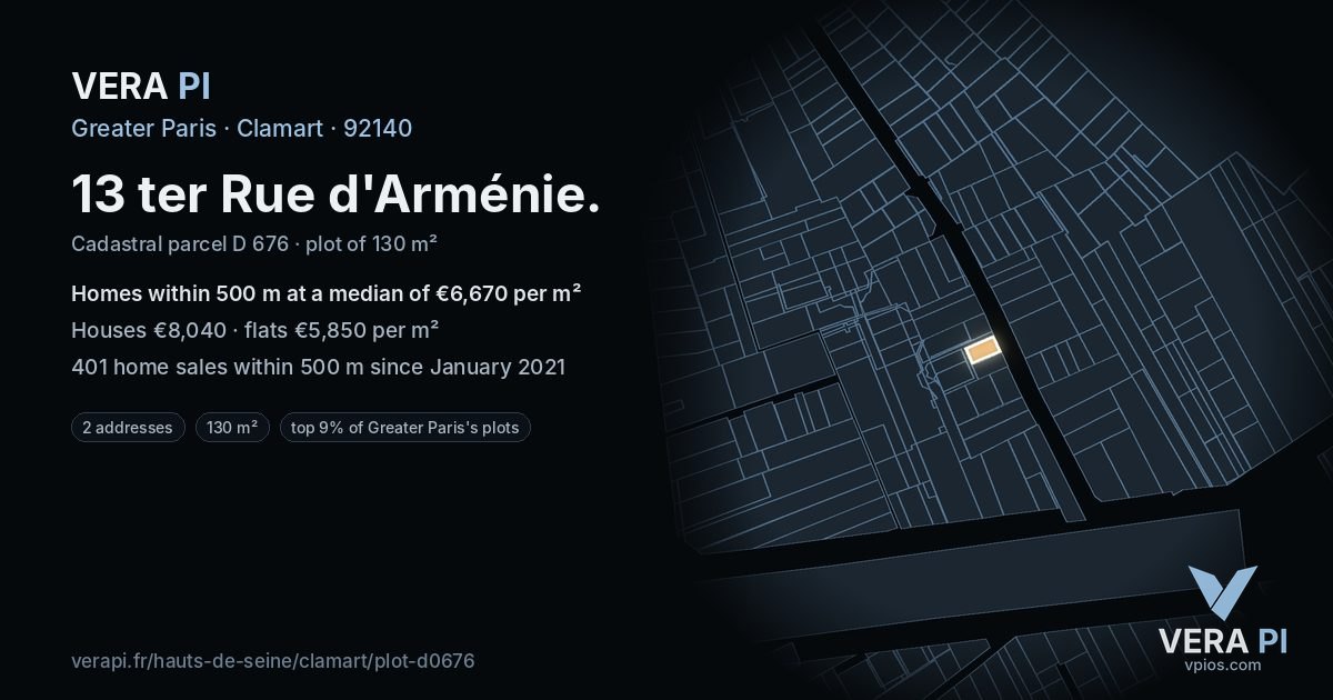 13 ter Rue d'Arménie, Clamart at night – the plot lit, the parcels around coloured by the prices near them