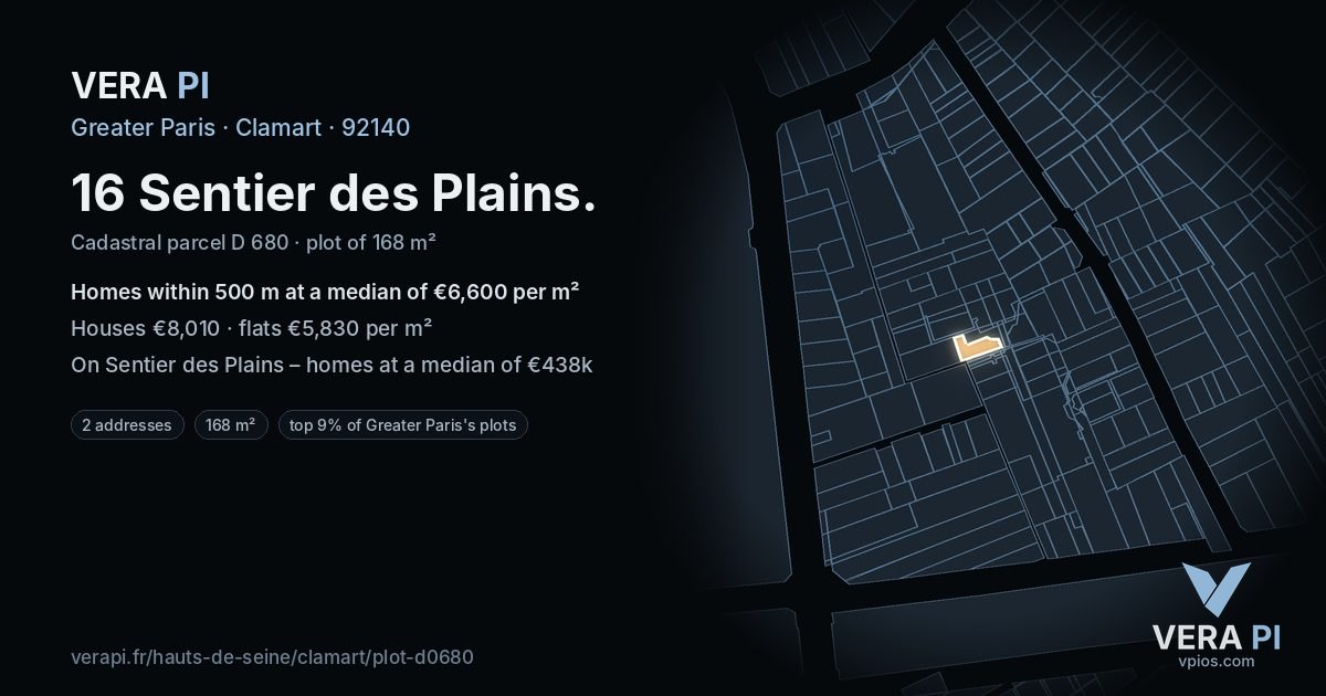 16 Sentier des Plains, Clamart at night – the plot lit, the parcels around coloured by the prices near them