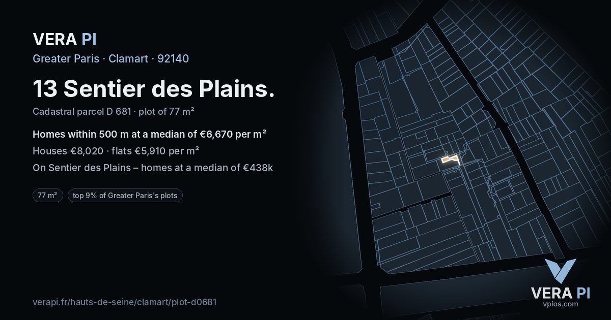 13 Sentier des Plains, Clamart at night – the plot lit, the parcels around coloured by the prices near them