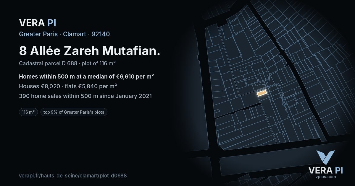 8 Allée Zareh Mutafian, Clamart at night – the plot lit, the parcels around coloured by the prices near them