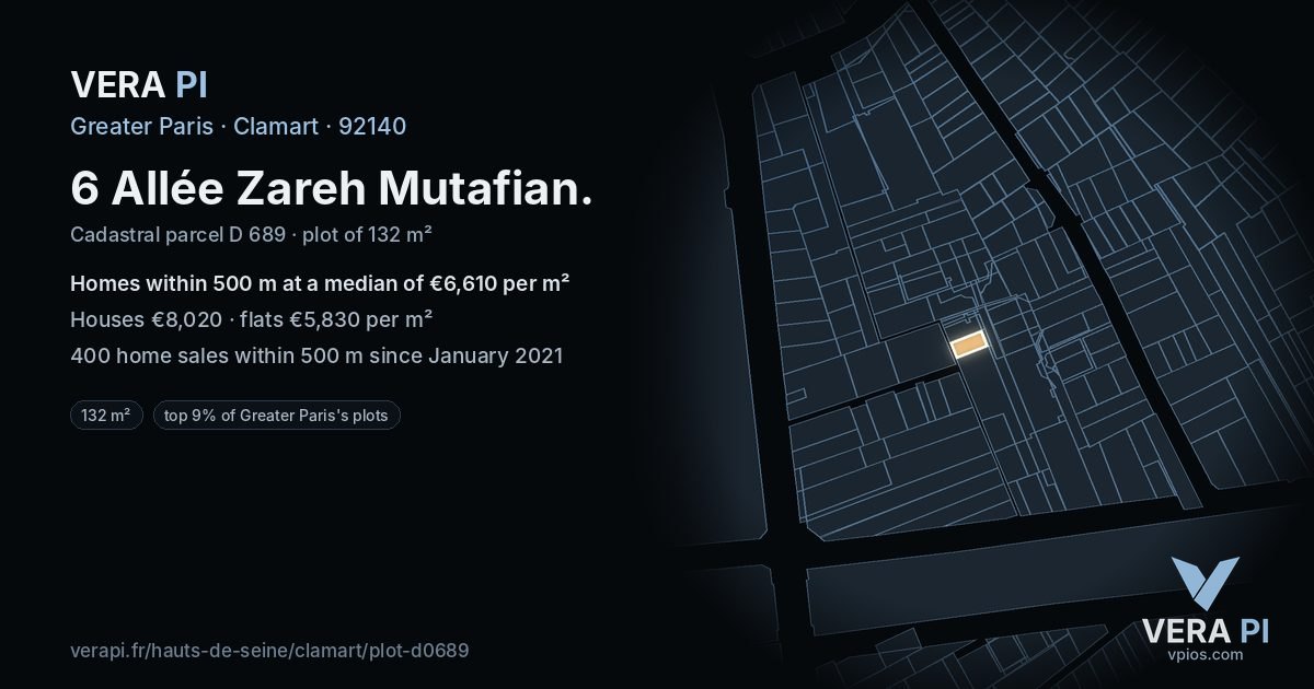6 Allée Zareh Mutafian, Clamart at night – the plot lit, the parcels around coloured by the prices near them