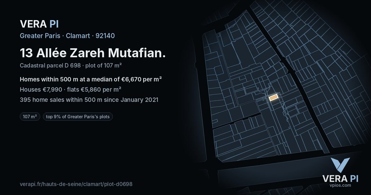 13 Allée Zareh Mutafian, Clamart at night – the plot lit, the parcels around coloured by the prices near them