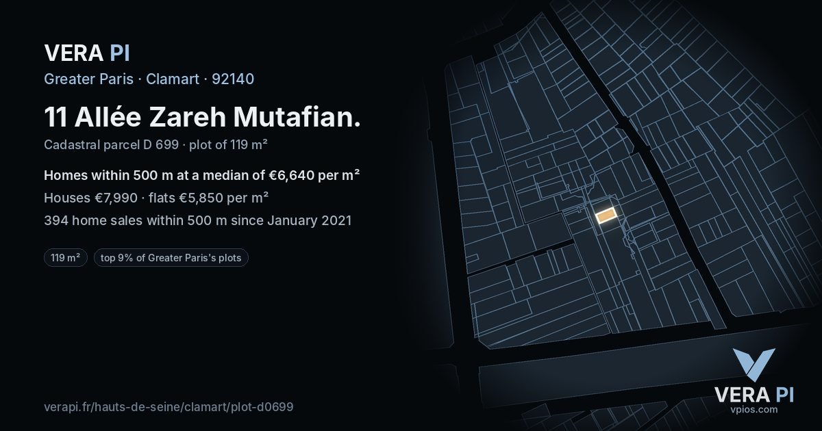 11 Allée Zareh Mutafian, Clamart at night – the plot lit, the parcels around coloured by the prices near them