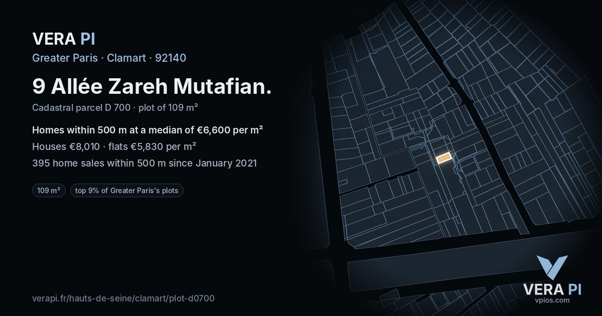 9 Allée Zareh Mutafian, Clamart at night – the plot lit, the parcels around coloured by the prices near them