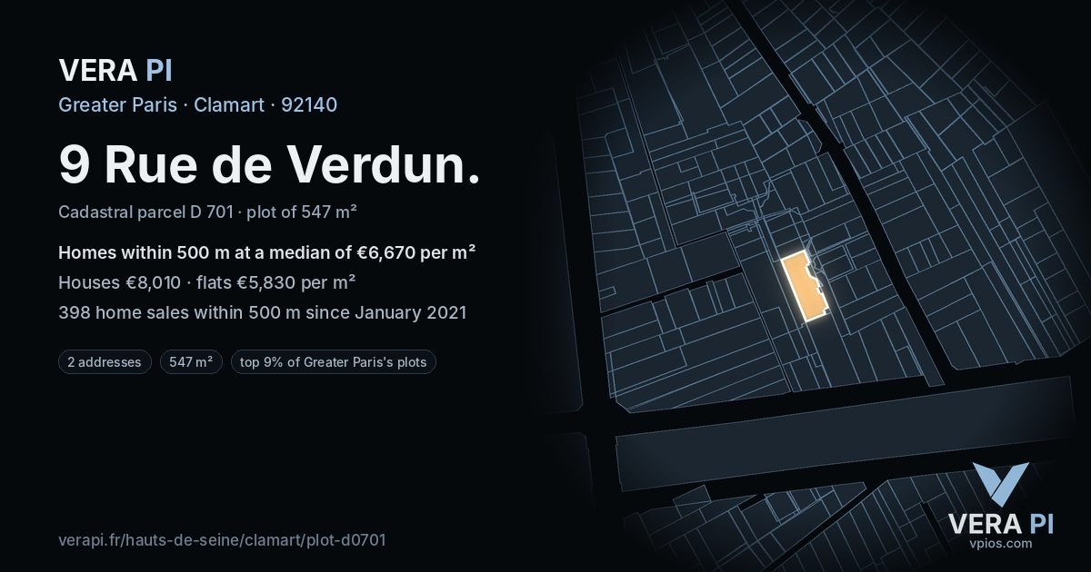 9 Rue de Verdun, Clamart at night – the plot lit, the parcels around coloured by the prices near them