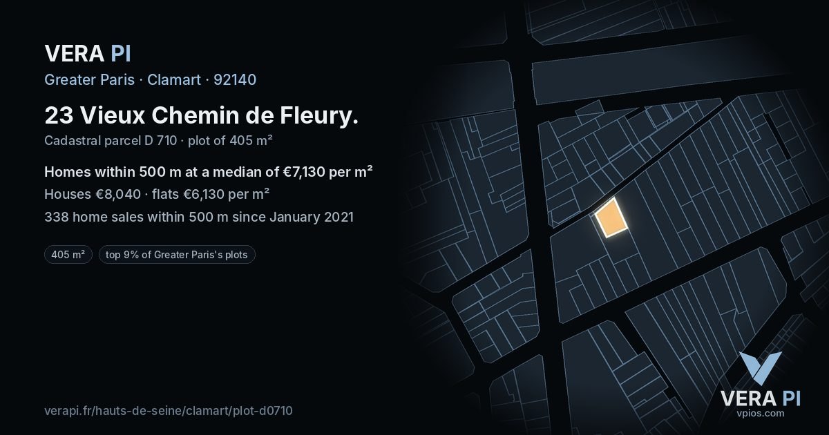 23 Vieux Chemin de Fleury, Clamart at night – the plot lit, the parcels around coloured by the prices near them