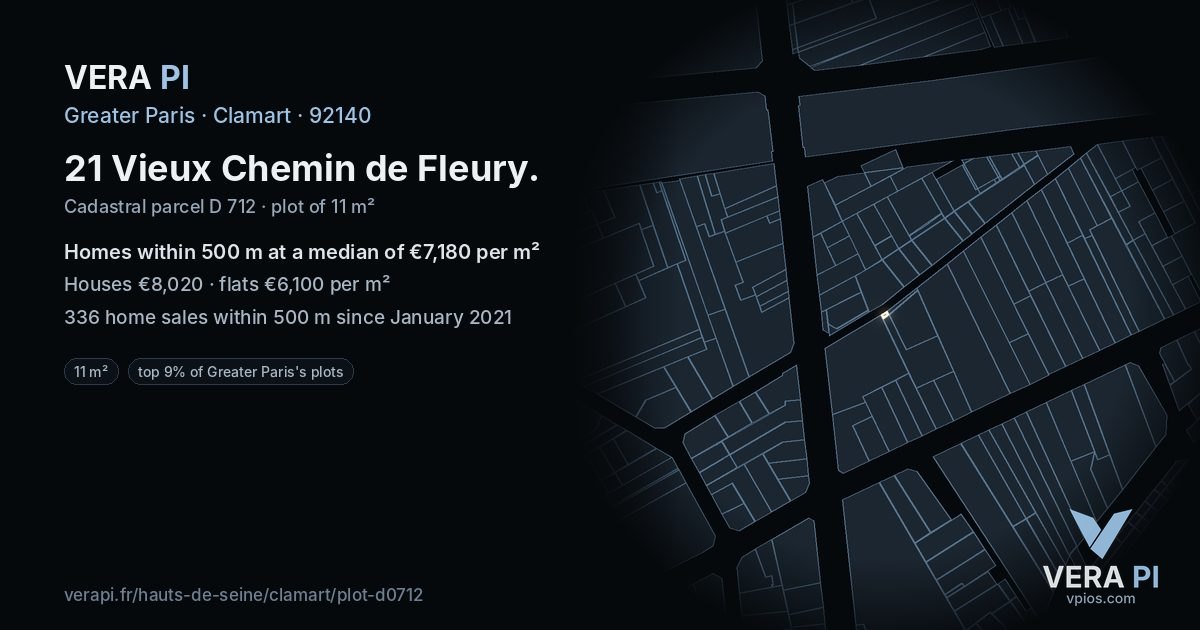 21 Vieux Chemin de Fleury, Clamart at night – the plot lit, the parcels around coloured by the prices near them