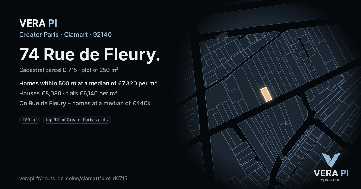 74 Rue de Fleury, Clamart at night – the plot lit, the parcels around coloured by the prices near them