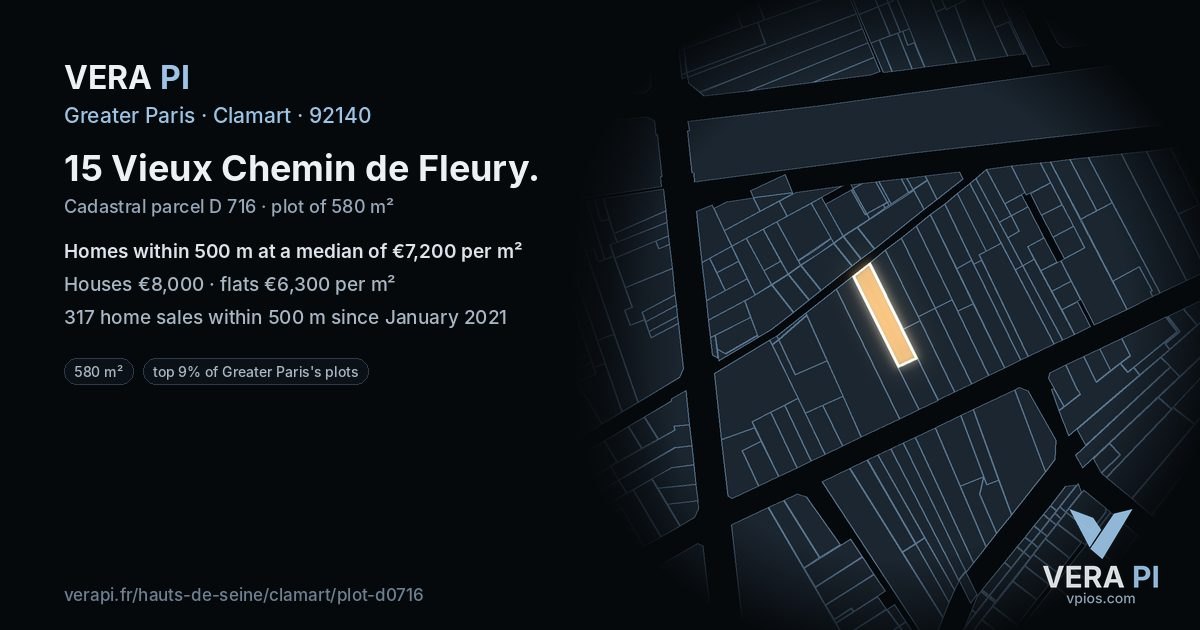 15 Vieux Chemin de Fleury, Clamart at night – the plot lit, the parcels around coloured by the prices near them