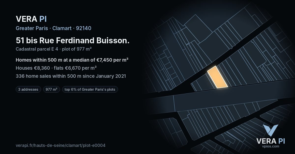 51 bis Rue Ferdinand Buisson, Clamart at night – the plot lit, the parcels around coloured by the prices near them