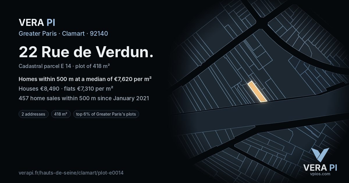 22 Rue de Verdun, Clamart at night – the plot lit, the parcels around coloured by the prices near them