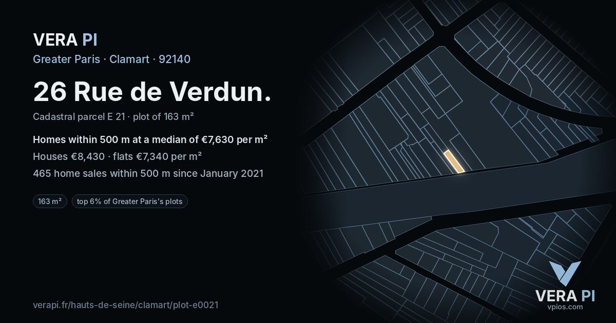 26 Rue de Verdun, Clamart at night – the plot lit, the parcels around coloured by the prices near them