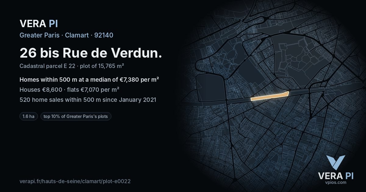 26 bis Rue de Verdun, Clamart at night – the plot lit, the parcels around coloured by the prices near them