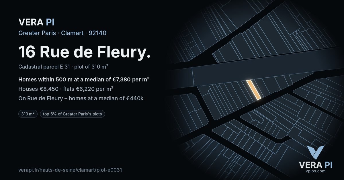 16 Rue de Fleury, Clamart at night – the plot lit, the parcels around coloured by the prices near them