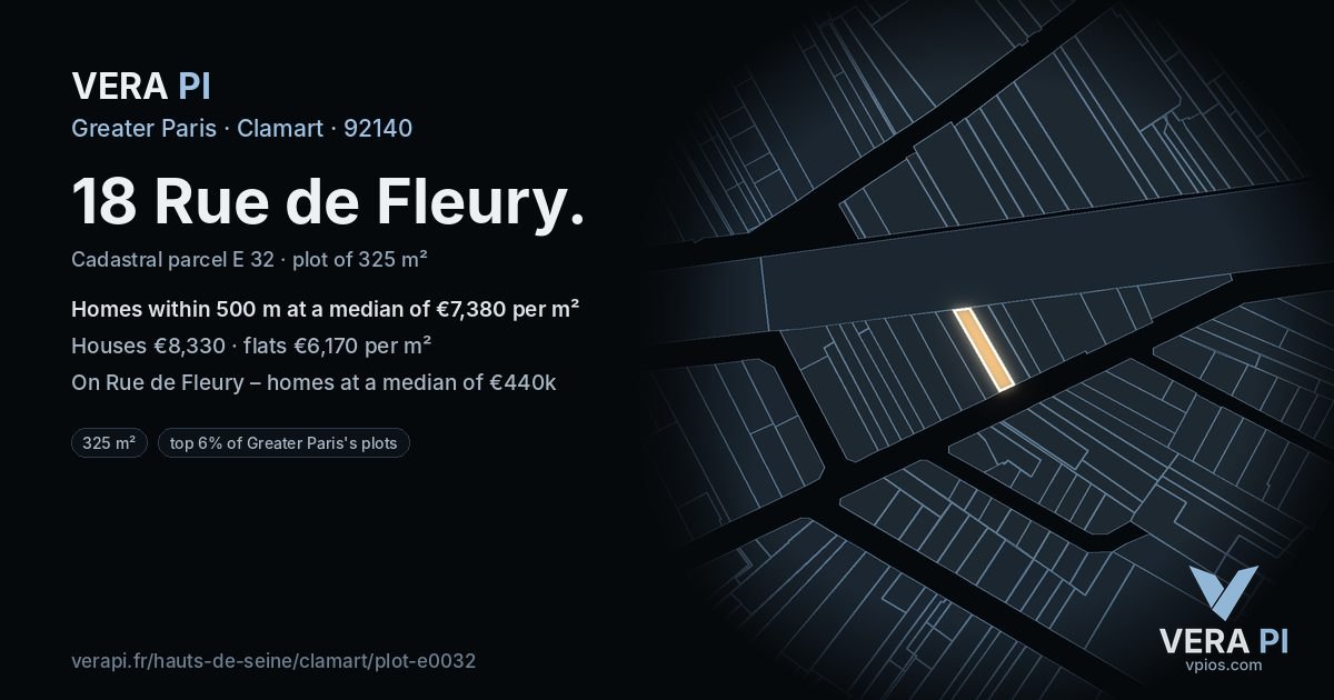 18 Rue de Fleury, Clamart at night – the plot lit, the parcels around coloured by the prices near them