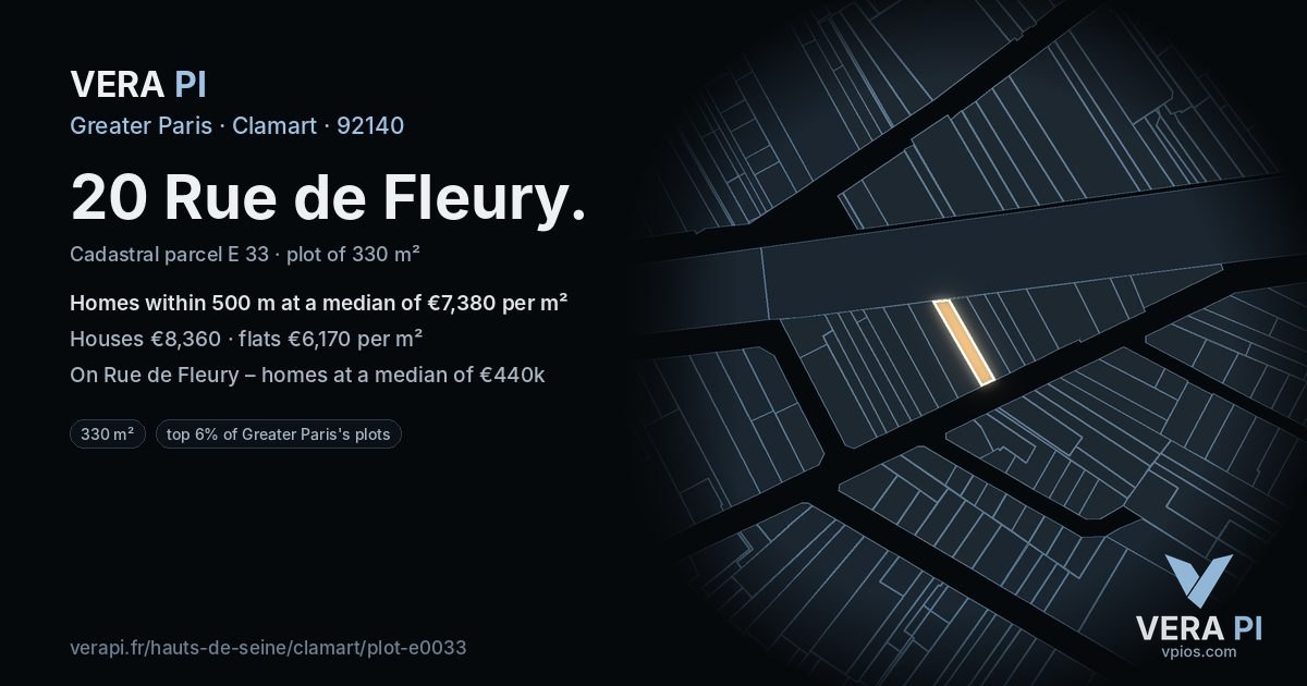 20 Rue de Fleury, Clamart at night – the plot lit, the parcels around coloured by the prices near them