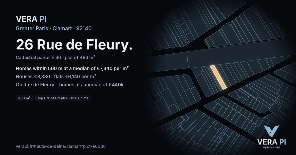26 Rue de Fleury, Clamart at night – the plot lit, the parcels around coloured by the prices near them