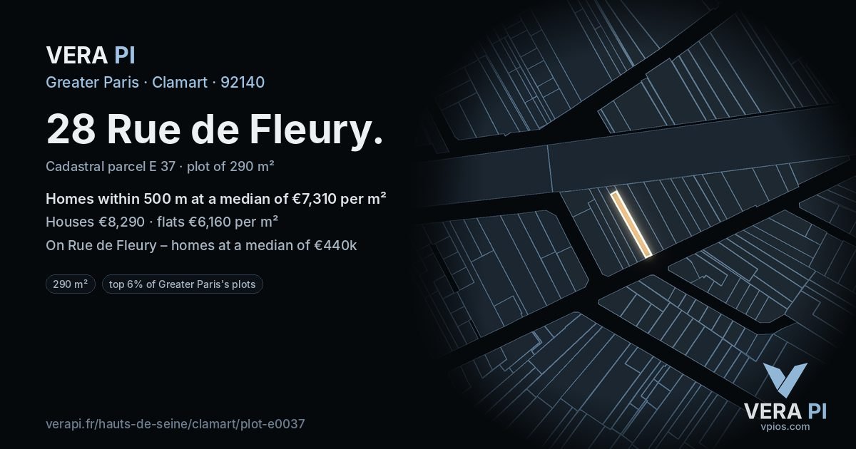 28 Rue de Fleury, Clamart at night – the plot lit, the parcels around coloured by the prices near them